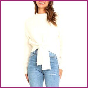 Long Sleeve Cropped Pullover Sweater with Tie Front, Chunky Cable Knit